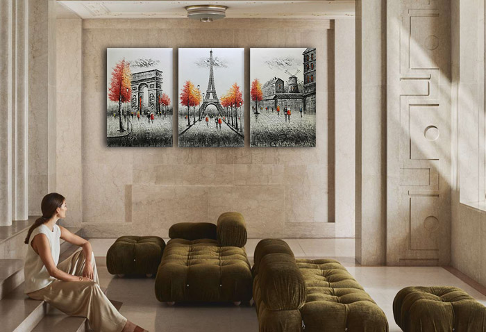 Eiffel Tower, Paris street red, white, blace canvas wall art painting set of 3