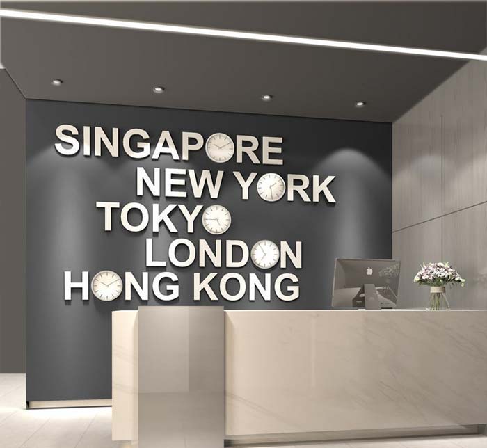 different zones clock on office wall