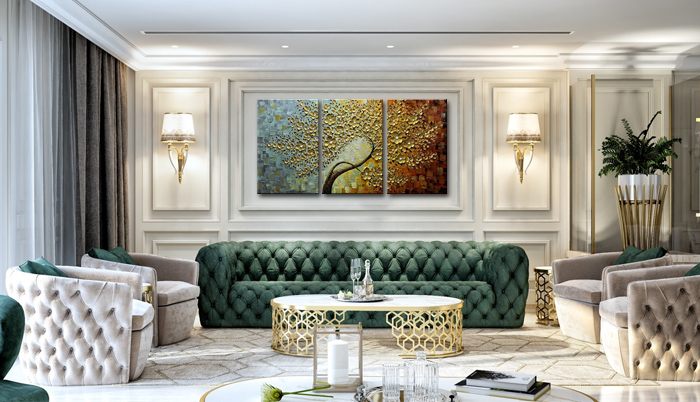 original 3 pieces golden canvas art for decorating wall