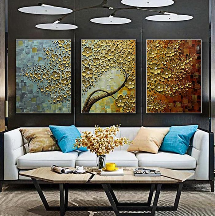original set of 3 gold floral treen on canvas decor living room