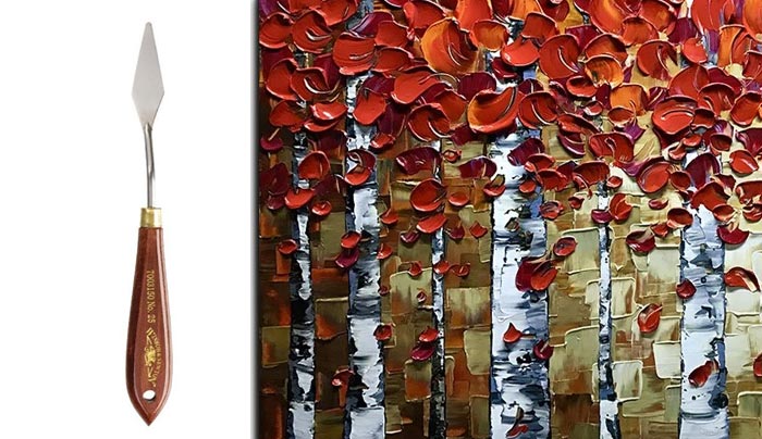 white poplar red, white, gray abstract palette knife landscape painting