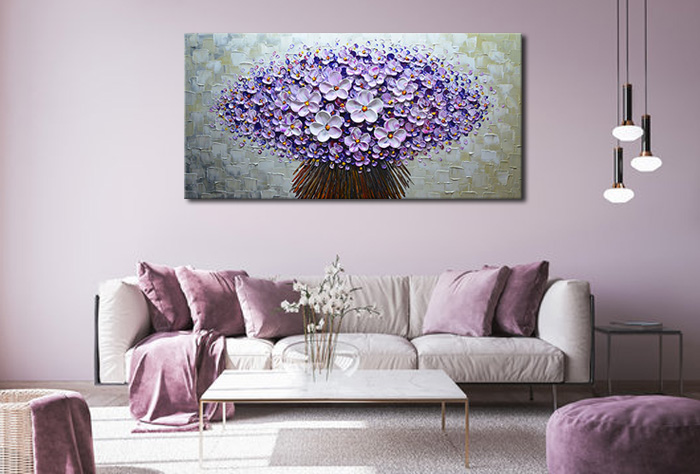 flower oil painting on canvas purple decoration to hang up above sofa