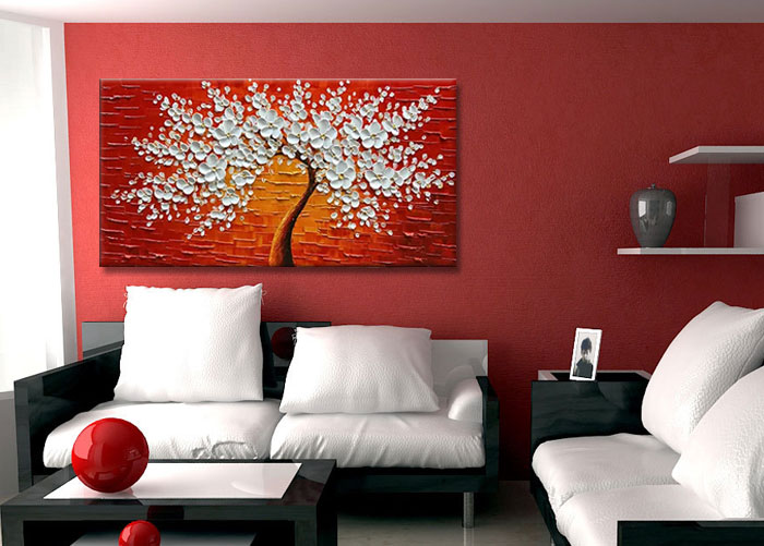 modern flower paintings canvas white flower tree red textured background artwork hang on wall