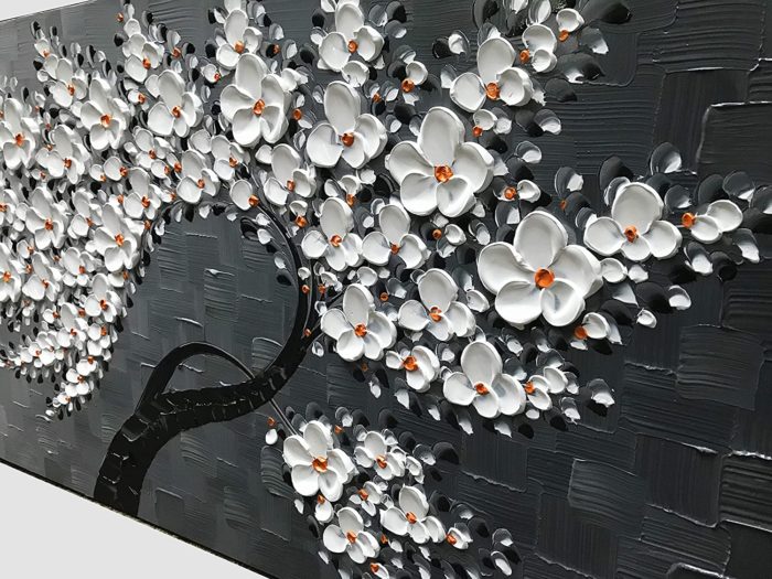 36*72 Inch Blossoming Oil Painting White Petals Silver-Gray Texture - Image 4