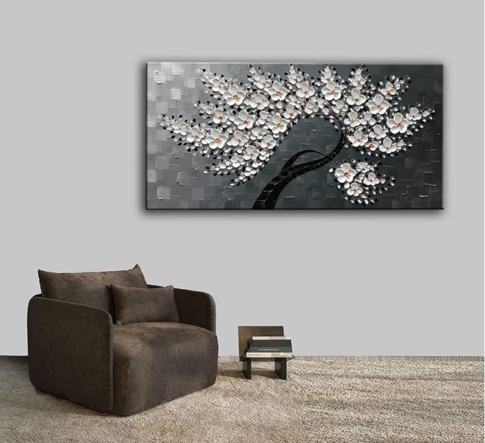 36*72 Inch Blossoming Oil Painting White Petals Silver-Gray Texture - Image 6