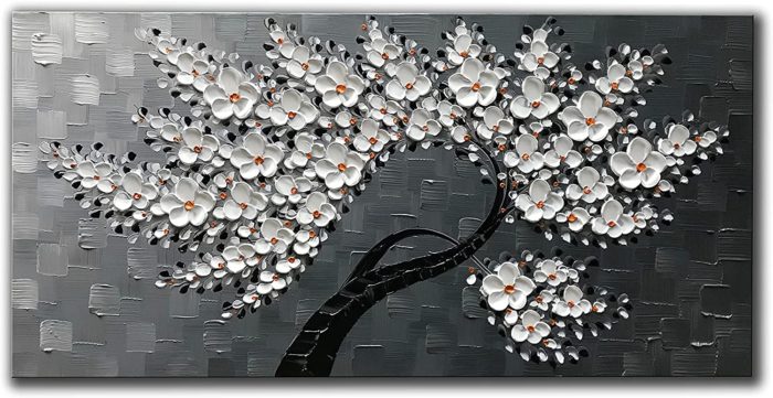 36*72 Inch Blossoming Oil Painting White Petals Silver-Gray Texture - Image 2