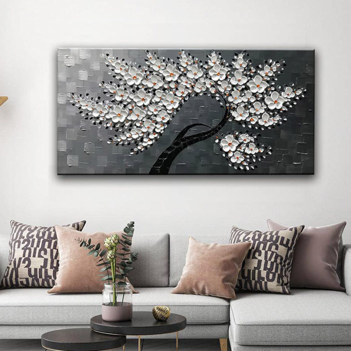 36*72 Inch Blossoming Oil Painting White Petals Silver-Gray Texture