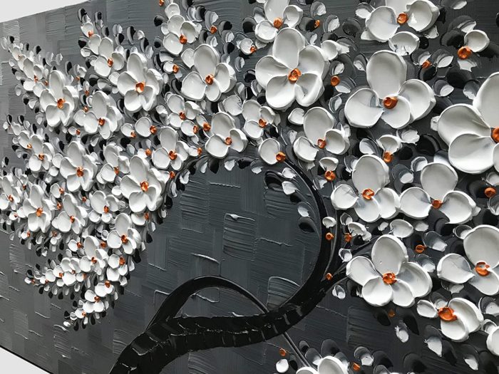 36*72 Inch Blossoming Oil Painting White Petals Silver-Gray Texture - Image 5