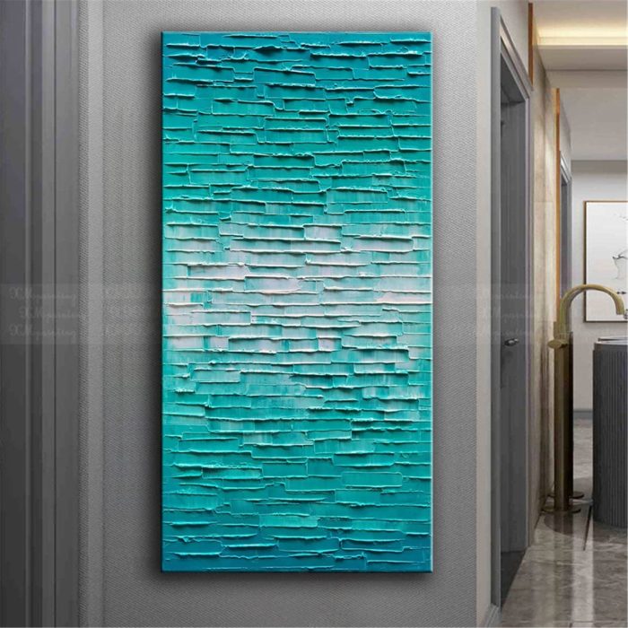 3D Modern Art Oil Painting Teal To White Texture Decor Living Room - Image 5