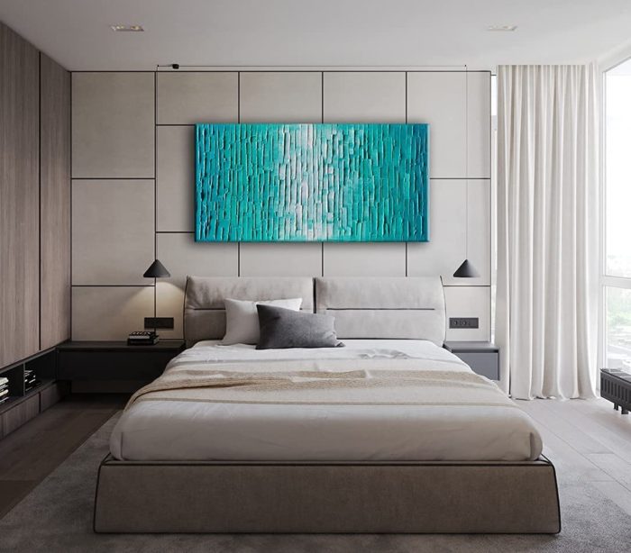3D Modern Art Oil Painting Teal To White Texture Decor Living Room - Image 6