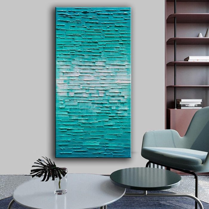 3D Modern Art Oil Painting Teal To White Texture Decor Living Room - Image 4