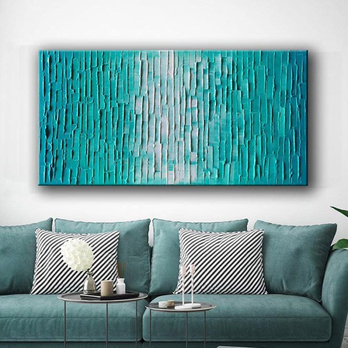 3D Modern Art Oil Painting Teal To White Texture Decor Living Room