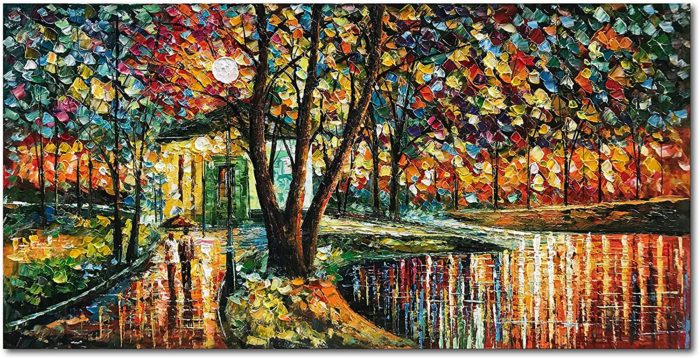 Couple With Umbrella Walk On Midnight Park Abstract Canvas Art - Image 2