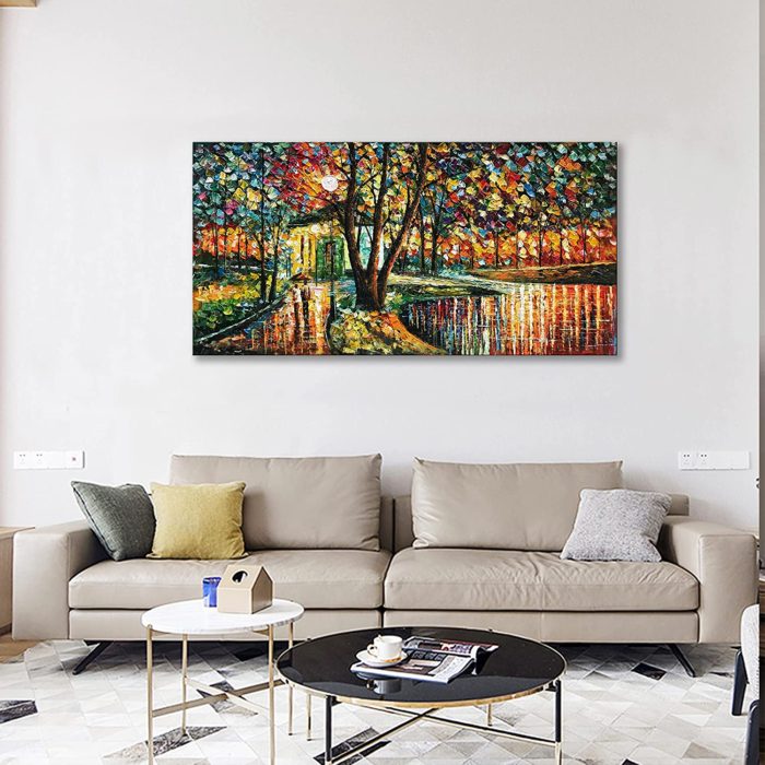 Couple With Umbrella Walk On Midnight Park Abstract Canvas Art - Image 5