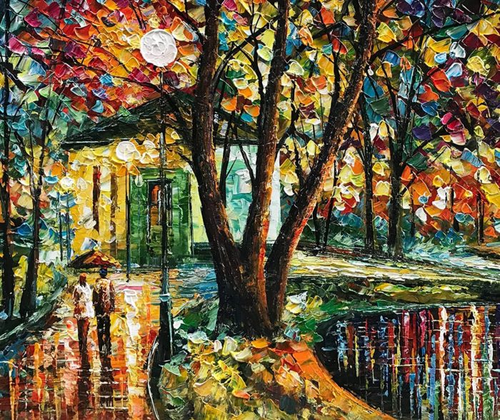 Couple With Umbrella Walk On Midnight Park Abstract Canvas Art - Image 3