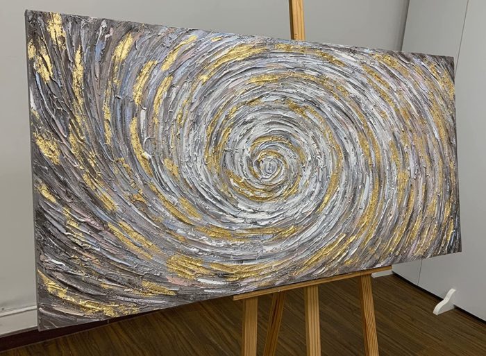 Abstract Canvas Oil Painting Huge Vortex Of Time With Gold Grey - Image 4