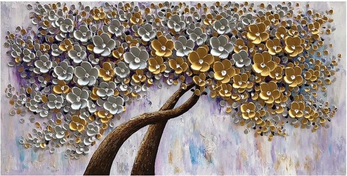 Acrylic On Canvas Two Gold And White Petals Floral Trees Cross Grow - Image 2
