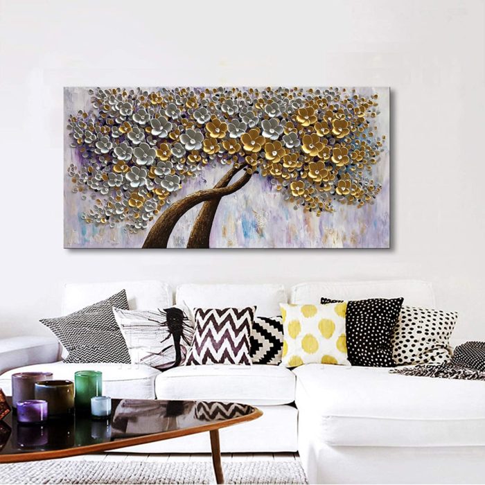 Acrylic On Canvas Two Gold And White Petals Floral Trees Cross Grow - Image 7