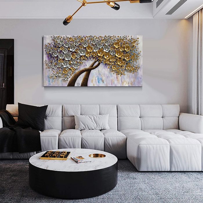 Acrylic On Canvas Two Gold And White Petals Floral Trees Cross Grow - Image 6