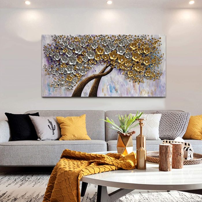 Acrylic On Canvas Two Gold And White Petals Floral Trees Cross Grow - Image 5