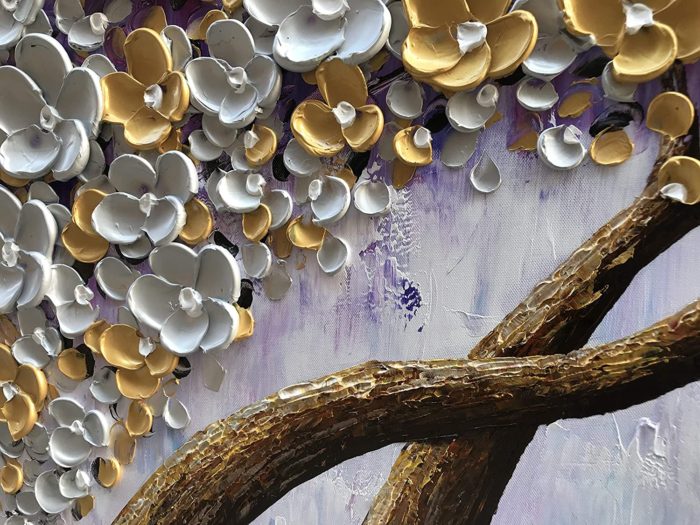 Acrylic On Canvas Two Gold And White Petals Floral Trees Cross Grow - Image 3