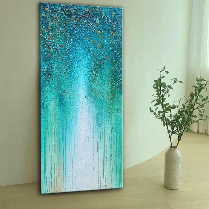 Blue-Green Starry Glitter Impressionist Vertical Wall Artwork