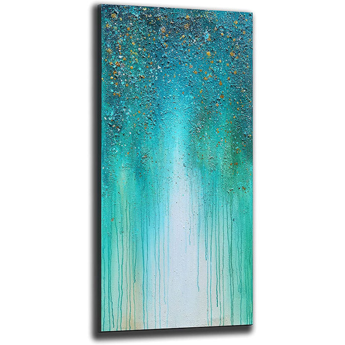 Blue-Green Starry Glitter Impressionist Vertical Wall Artwork - Image 2