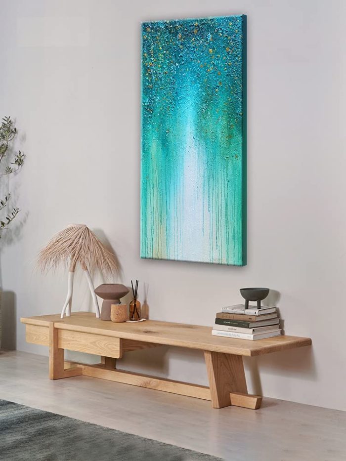 Blue-Green Starry Glitter Impressionist Vertical Wall Artwork - Image 5