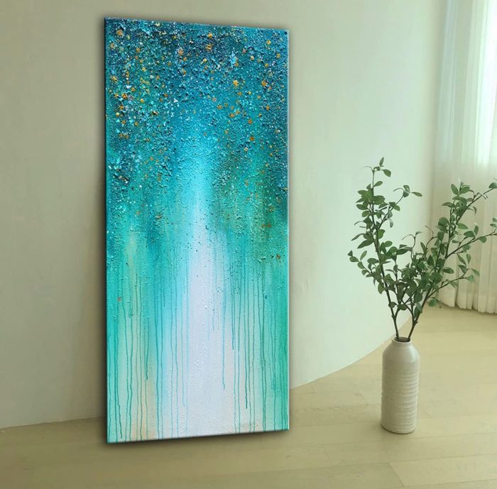 Blue-Green Starry Glitter Impressionist Vertical Wall Artwork - Image 4