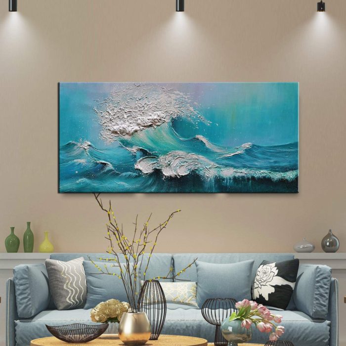 Blue Sea Waves On Ocean Surfing Sea 32*64 Inch Painting On Canvas - Image 6