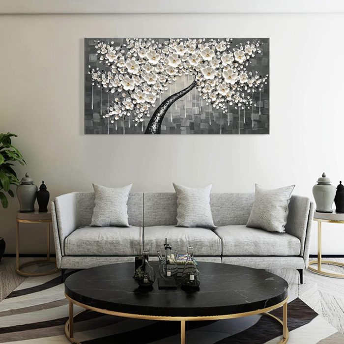Canvas Wall Art Large White Floral Tree Grey To White Textured - Image 4