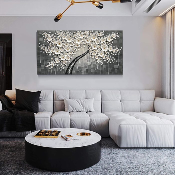 Canvas Wall Art Large White Floral Tree Grey To White Textured
