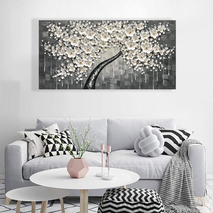 Canvas Wall Art Large White Floral Tree Grey To White Textured - Image 5