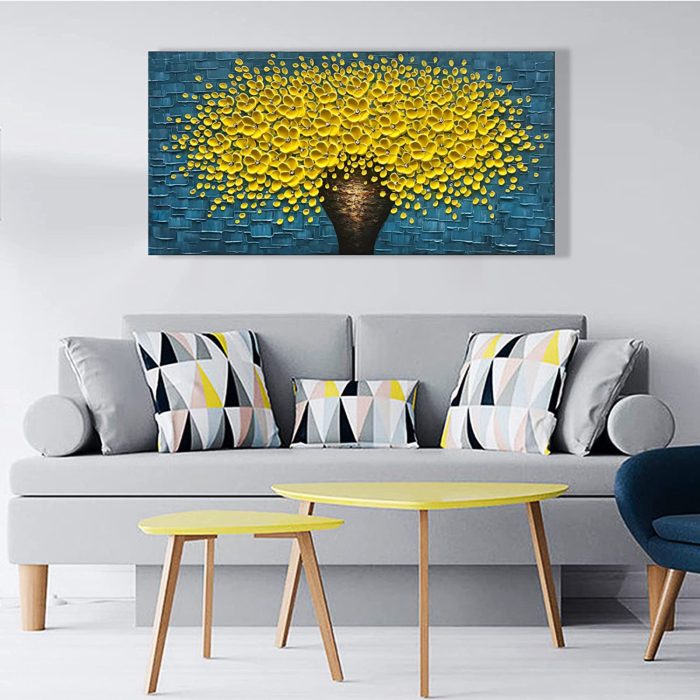 Canvas Wall Art Painting Yellow Blossom Brown Vase Blue Texture - Image 5