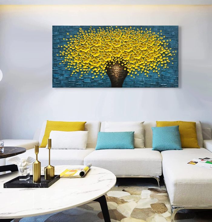 Canvas Wall Art Painting Yellow Blossom Brown Vase Blue Texture