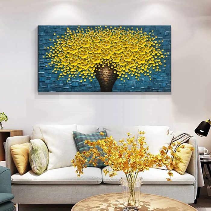 Canvas Wall Art Painting Yellow Blossom Brown Vase Blue Texture - Image 4