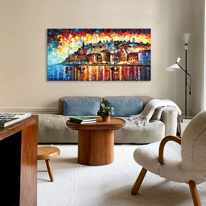 Colorful Coastal Cityscape With Boat Modern Texture Painting - Image 6