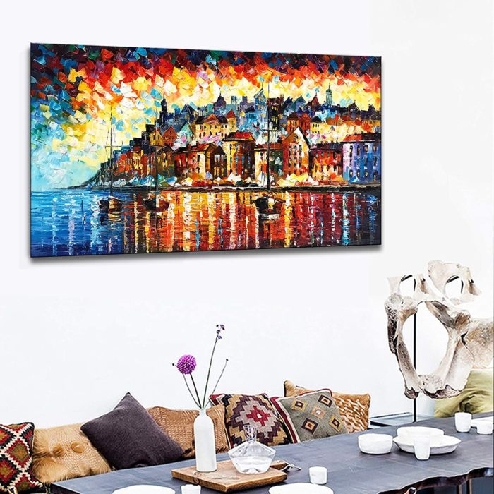 Colorful Coastal Cityscape With Boat Modern Texture Painting - Image 5