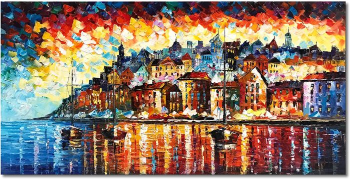 Colorful Coastal Cityscape With Boat Modern Texture Painting - Image 2