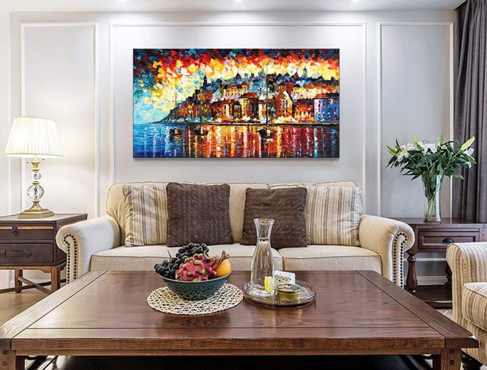 Colorful Coastal Cityscape With Boat Modern Texture Painting