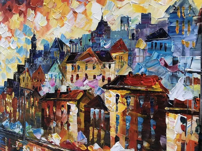 Colorful Coastal Cityscape With Boat Modern Texture Painting - Image 3