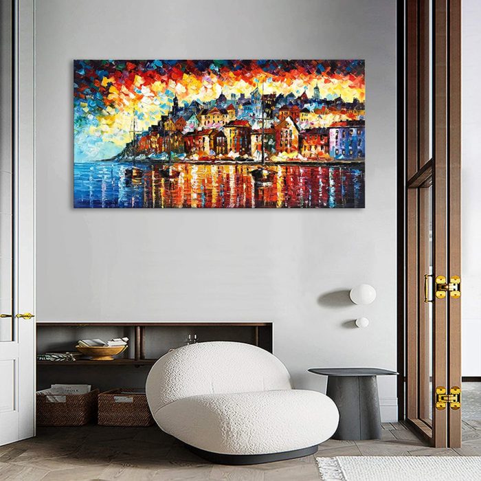 Colorful Coastal Cityscape With Boat Modern Texture Painting - Image 4