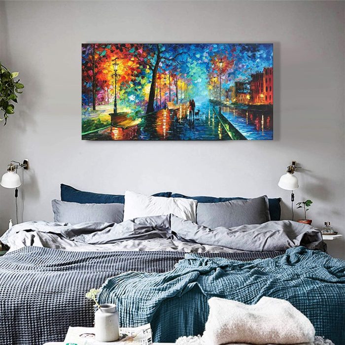 Couple Walk With Dog On The Street 32*64 Inch Colorful Acrylic Art