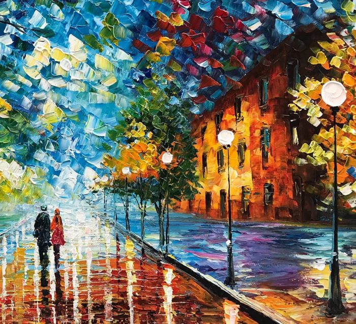Fall Streetscape Couple Go For A Walk Romanticism Oil Painting - Image 3