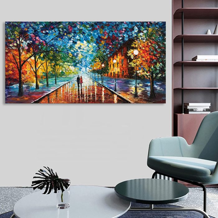Fall Streetscape Couple Go For A Walk Romanticism Oil Painting - Image 6