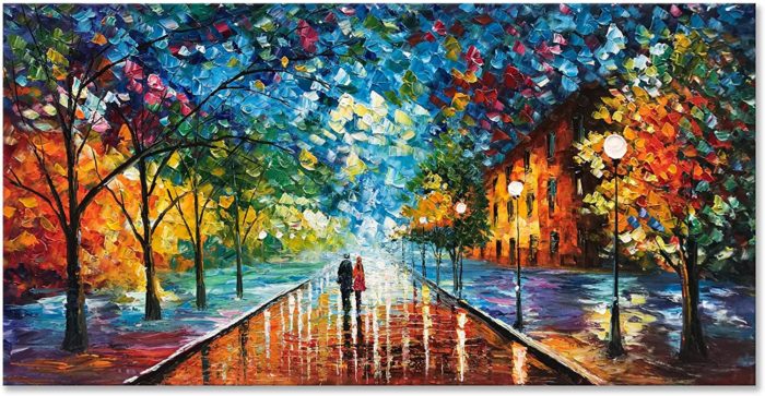 Fall Streetscape Couple Go For A Walk Romanticism Oil Painting - Image 2