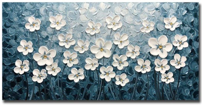 Flowers Painting White Plum Blossom Blue Acrylic Artwork Decor Home - Image 2