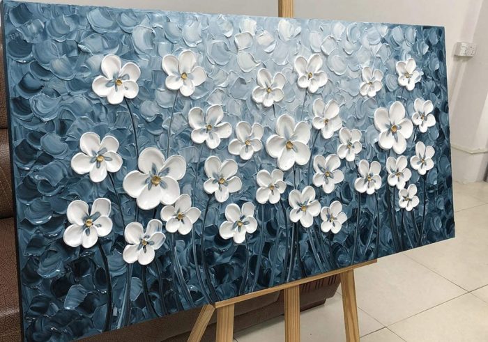 Flowers Painting White Plum Blossom Blue Acrylic Artwork Decor Home - Image 5