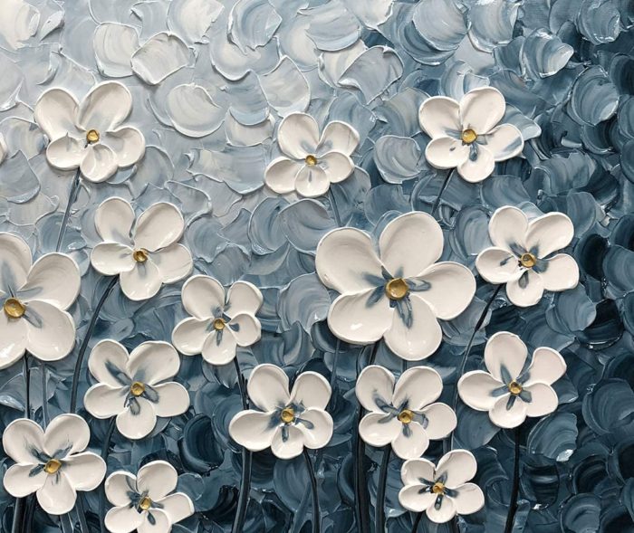 Flowers Painting White Plum Blossom Blue Acrylic Artwork Decor Home - Image 4