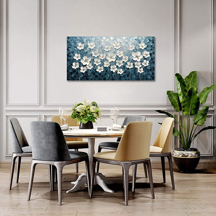 Flowers Painting White Plum Blossom Blue Acrylic Artwork Decor Home